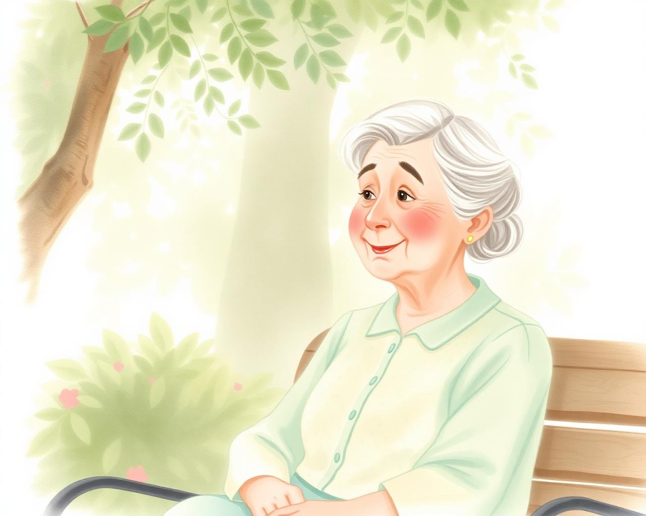 Watercolor illustration of an elderly woman sitting on a garden bench under dappled trees.