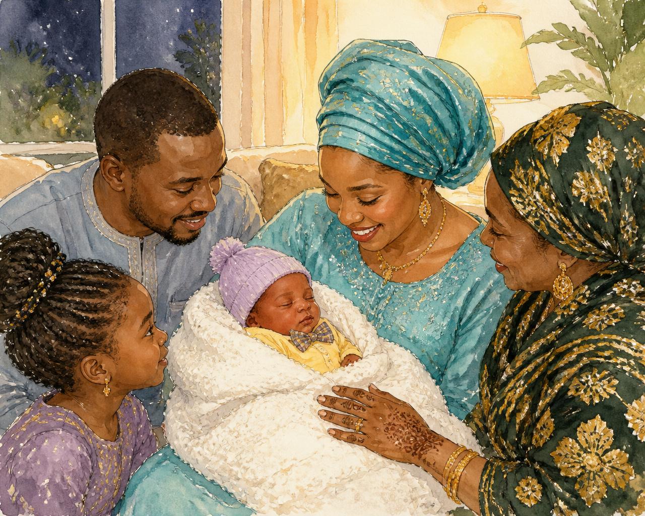 Watercolor illustration of a family in bright patterned clothes leaning in around a newborn wrapped in a white blanket.