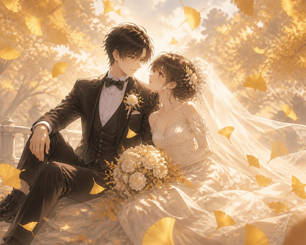 Anime key visual illustration of a wedding couple among falling golden leaves