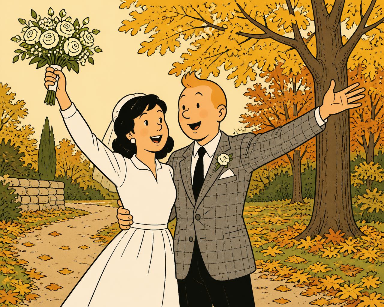 Ligne Claire illustration of a newlywed couple celebrating in an autumn park