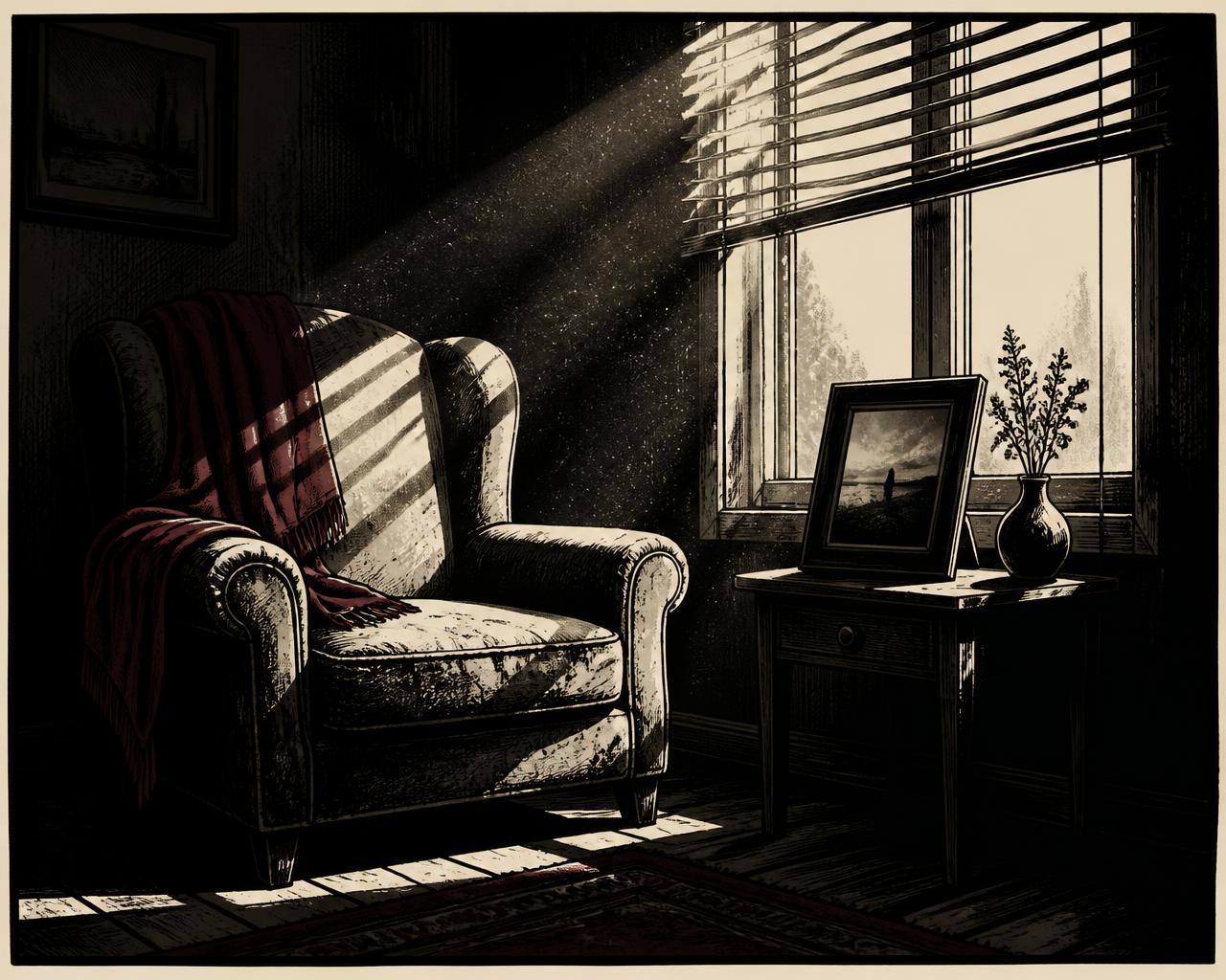 Noir comic illustration of an empty armchair and a framed photograph in a sunlit room, a scene of remembrance