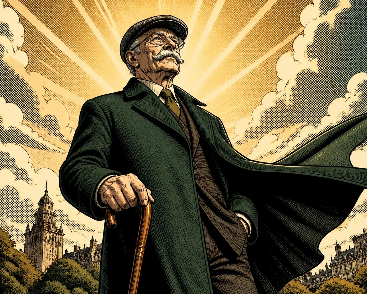 Classic Superhero comic illustration of a grandfather standing heroically with his cane