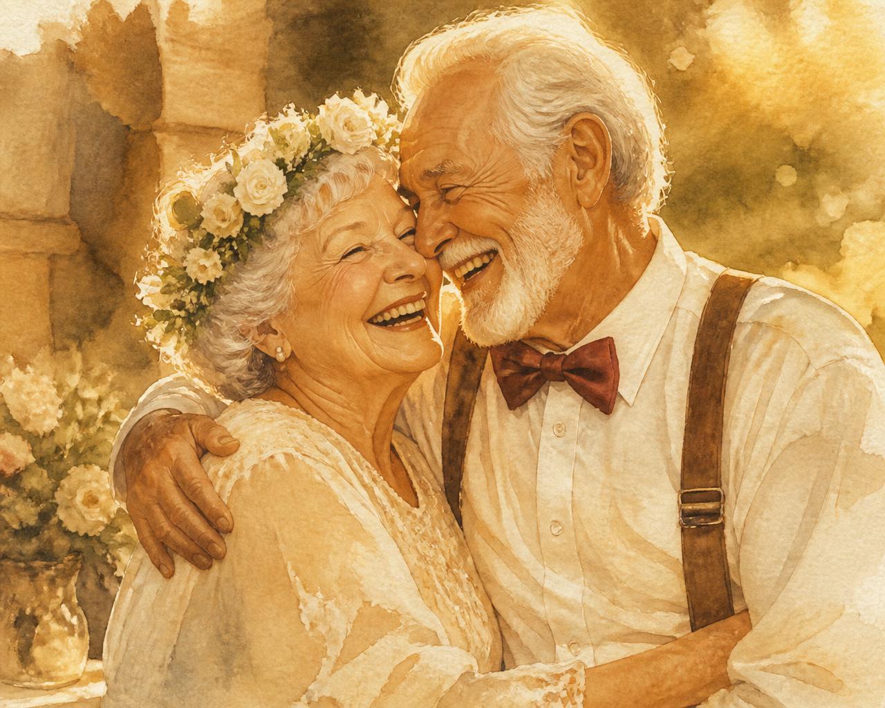 Golden Hour Watercolor illustration of an older couple laughing together on their anniversary