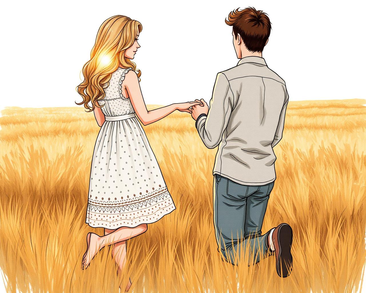 Illustration of a man kneeling to propose to a woman in a white dress in a golden field at sunset.